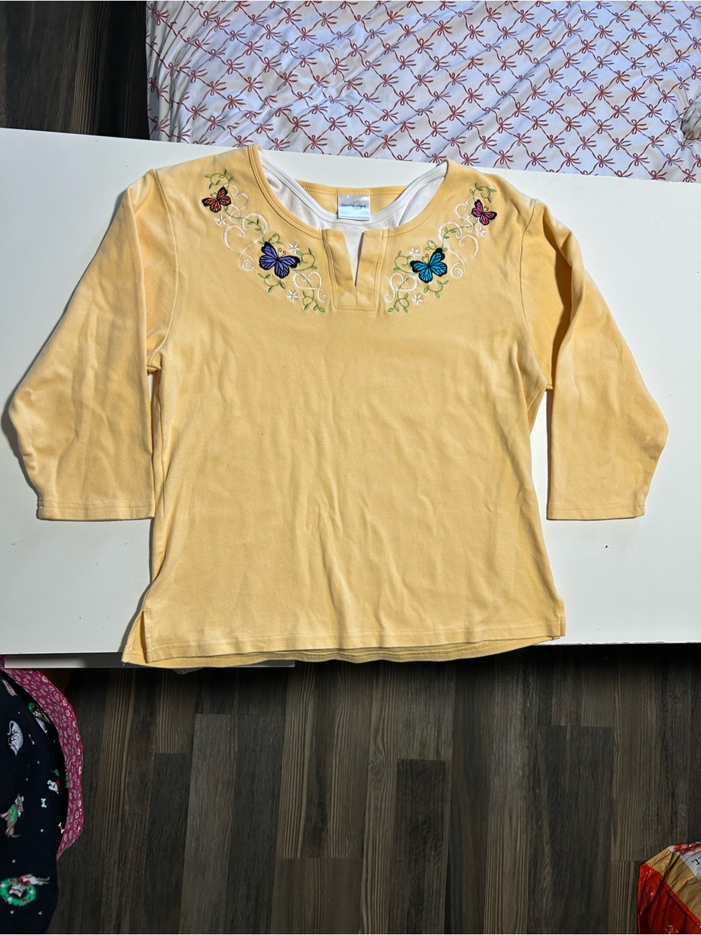 Yellow Butterfly-Embroidered Half Sleeve Tee
